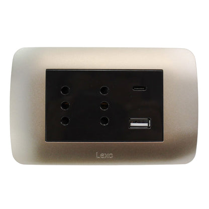 Enchufe Embutido Duplex 2p+t 10a + 2 USB Café / Titanio Armado - Lexo
