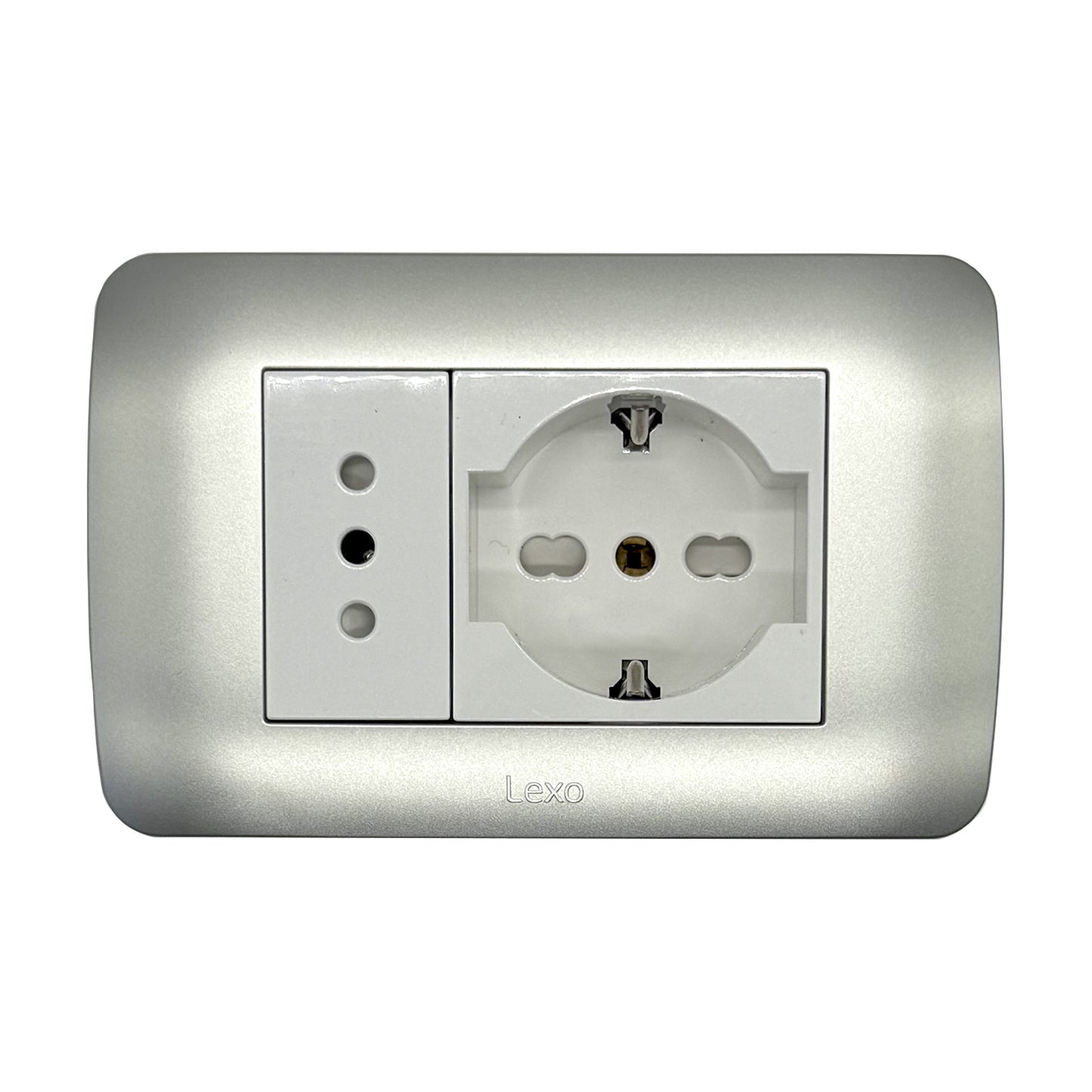 Enchufe Embutido Simple 10a + Enchufe Schuko 10/16a Blanco / Plata Armado - Lexo