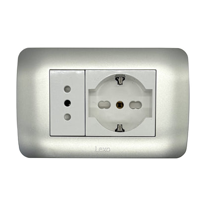 Enchufe Embutido Simple 10a + Enchufe Schuko 10/16a Blanco / Plata Armado - Lexo