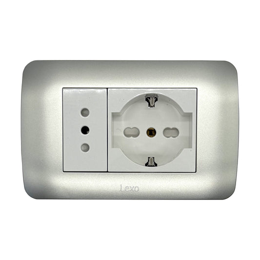 Enchufe Embutido Simple 10a + Enchufe Schuko 10/16a Blanco / Plata Armado - Lexo