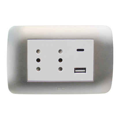 Enchufe Embutido Duplex 2p+t 10a + 2 USB Blanco / Plata Armado - Lexo