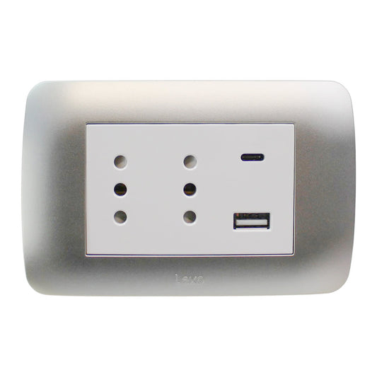 Enchufe Embutido Duplex 2p+t 10a + 2 USB Blanco / Plata Armado - Lexo