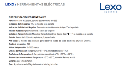 Tester Amperímetro Multímetro Digital  AC / DC 600v 10A - Lexo