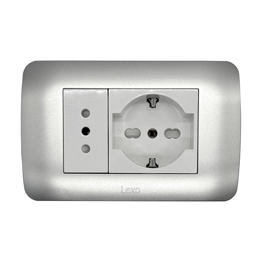 Enchufe Embutido Simple 10a + Enchufe Schuko 10/16a Blanco / Plata Armado - Lexo