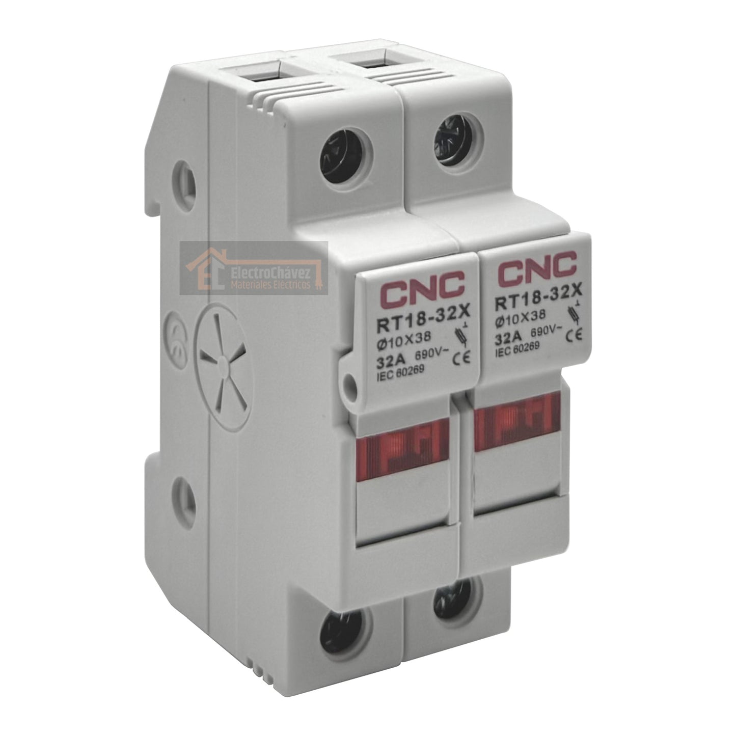 Base Portafusible Doble con Luz Piloto y Alarma 2p 10x38mm 32a Riel Din (Sin Fusible)