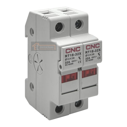 Base Portafusible Doble con Luz Piloto y Alarma 2p 10x38mm 32a Riel Din (Sin Fusible)