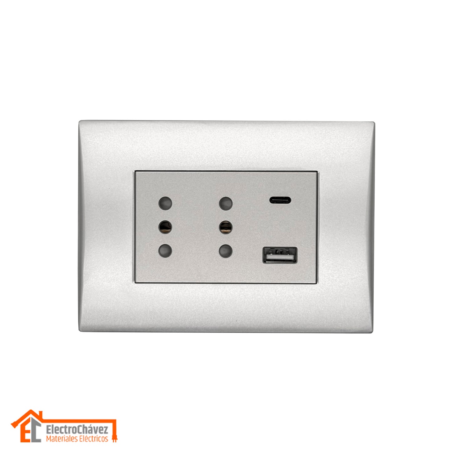 Enchufe Embutido Dúplex 2p+t 10a + 2 USB Silver Andes Armado Metal - Lexo