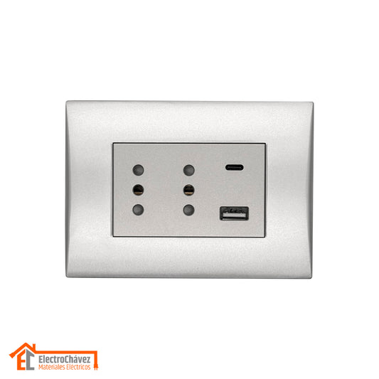 Enchufe Embutido Dúplex 2p+t 10a + 2 USB Silver Andes Armado Metal - Lexo