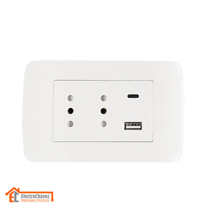 Enchufe Embutido Duplex 2p+t 10a + 2 USB Blanco / Armado - Lexo