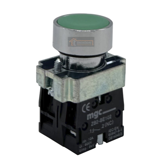 Botón Pulsador Metálico (1no+1nc) 22mm Verde