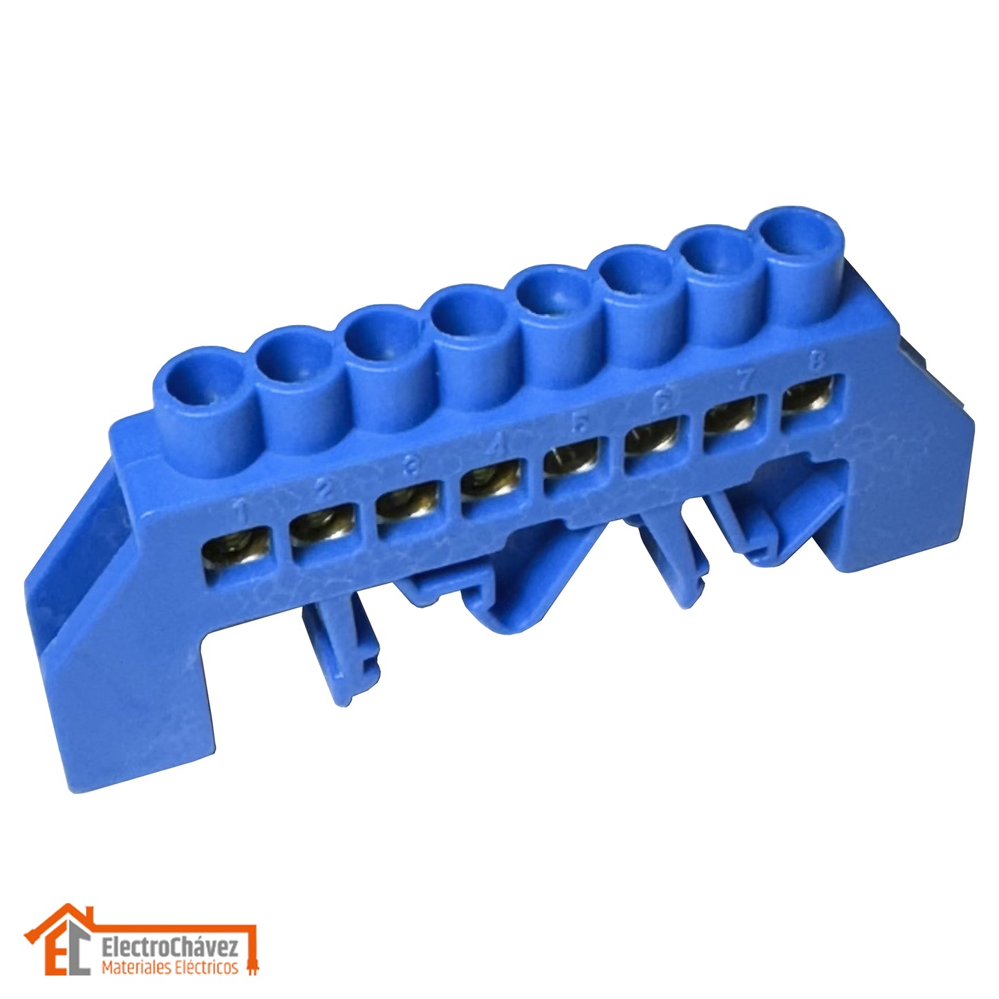 Barra Regleta Conexión Bronce Aislado 8P Riel Din Azul