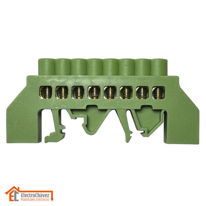 Barra Regleta Conexión Bronce Aislado 8P Riel Din Verde