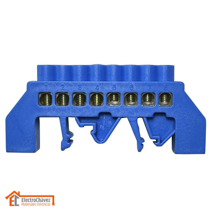 Barra Regleta Conexión Bronce Aislado 8P Riel Din Azul