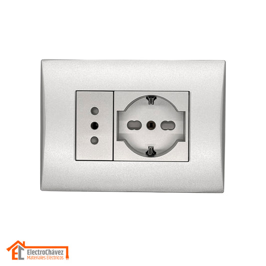 Enchufe Embutido Simple 10a + Enchufe Schuko 10/16a Silver Andes Armado Metal - Lexo