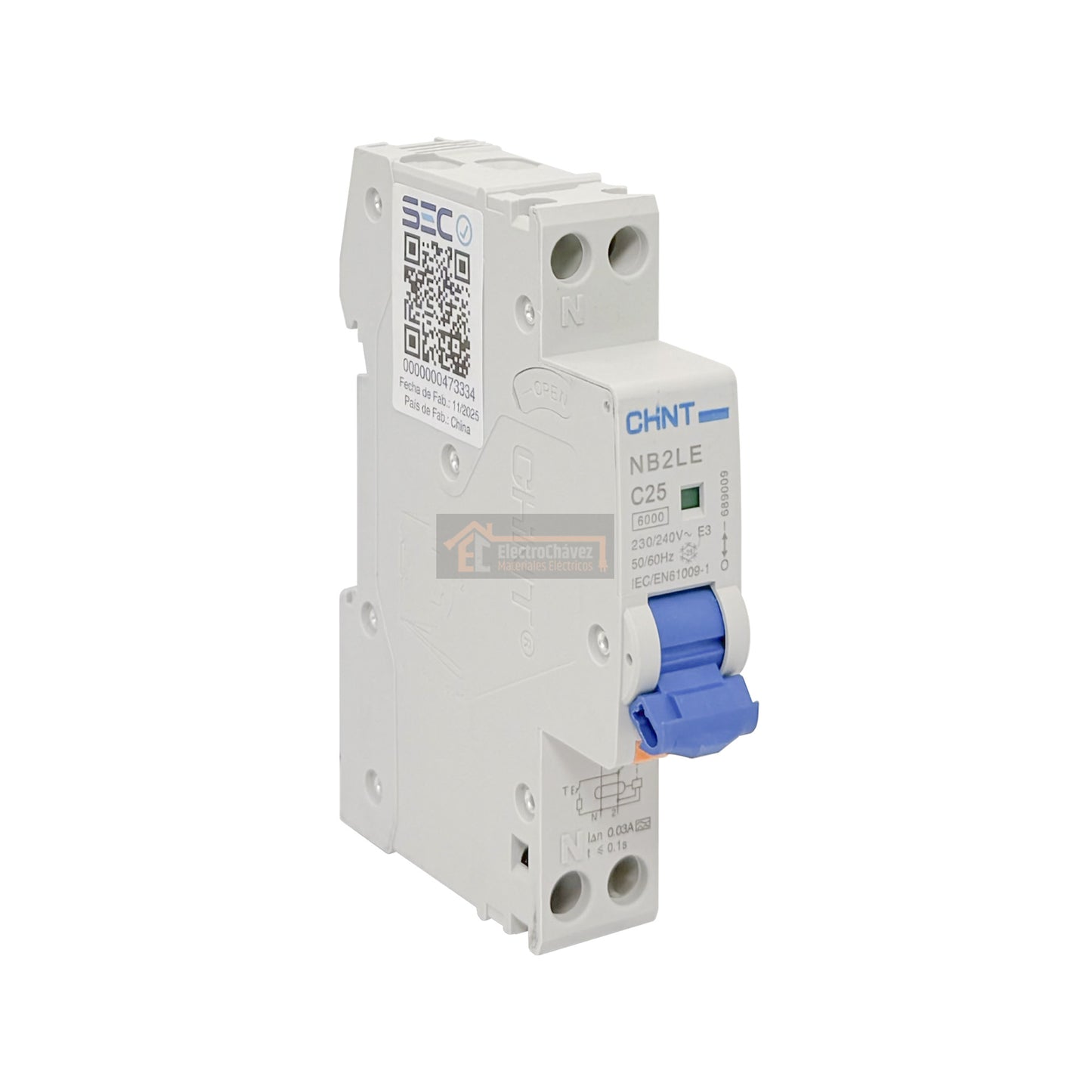 Interruptor Disyuntor Automático 1P+N 25a 6ka Curva C + Diferencial 30mA Tipo A - Chint